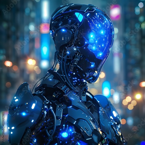 Futuristic Cyborg Figure in Glowing Neon Urban Cityscape