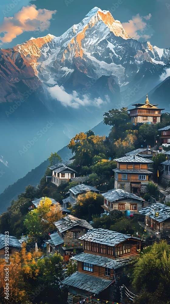 Majestic Himalayan Mountain Village Nestled in Autumnal Splendor