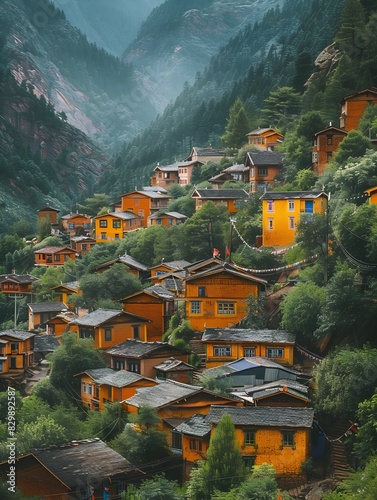 Vibrant Autumnal Mountain Village Nestled in Rugged Landscape with Colorful Traditional Homes photo