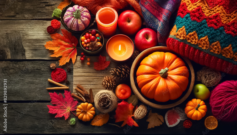 Flat Lay Autumn: Vibrant Cozy Essentials on Rustic Wood Background Flat Lay Autumn: Vibrant Cozy Essentials on Rustic Wood Background