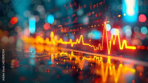 A blurred background of stock market charts with an ECG line in the foreground  representing health and wellness on a blurry business backdrop.