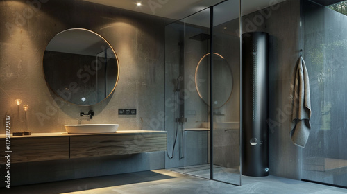 Elegant glass-enclosed water heater in a contemporary bathroom with a minimalist mirror and floating washbasin sink