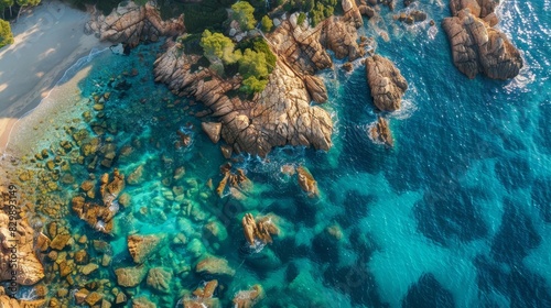 aerial view of rocky coastline at palombaggia beach digital photography