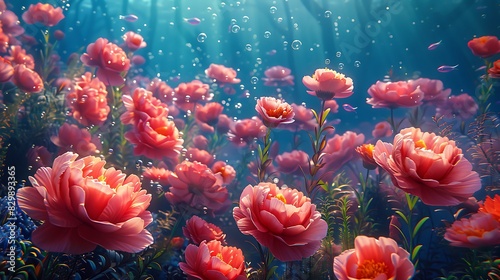 A surrealistic underwater scene with flowers, vibrant coral-like blooms, rich blues and purples, marine life swimming among the flowers, ethereal lighting, fantastical and whimsical.