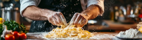 A chef is making pasta on a table with a variety of vegetables