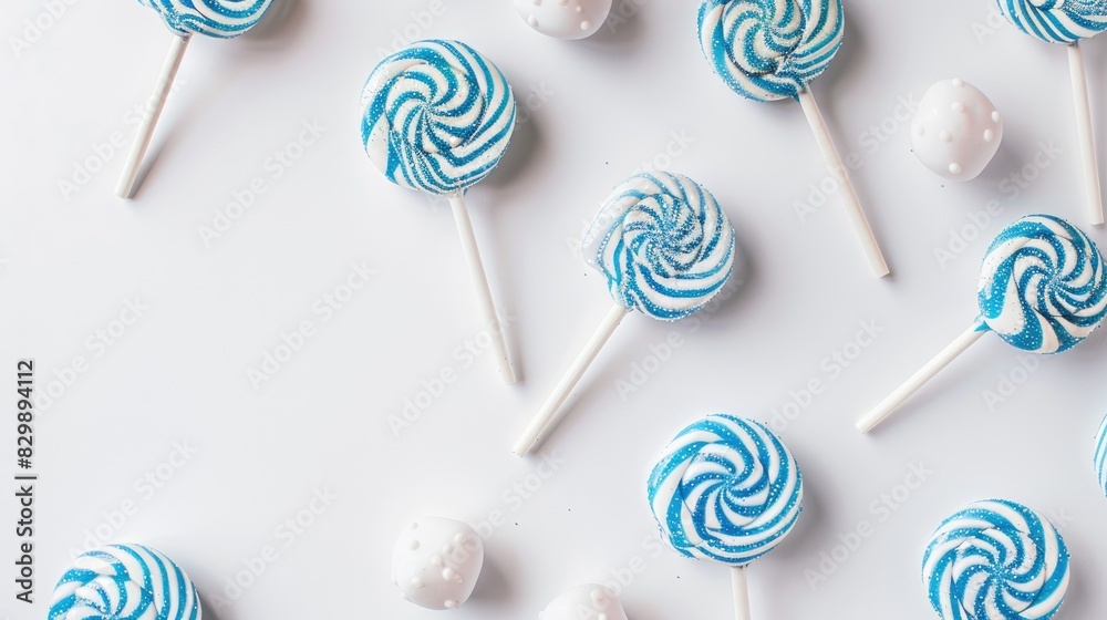Arrangement of white background with Christmas white lollipops featuring blue stripes sweet treats for the New Year joy and happiness Arrangement of white background with Christmas white lollipops featuring blue stripes sweet treats for the New Year joy and happiness