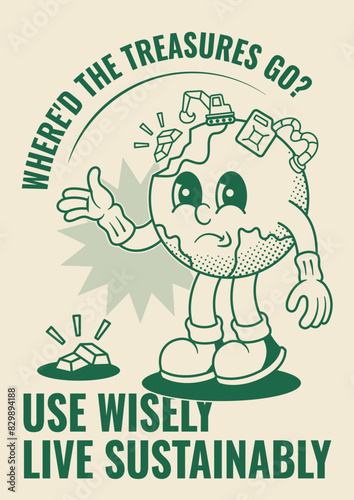 Natural Resource Depletion Poster with Earth Retro Mascot Illustration Outline Version