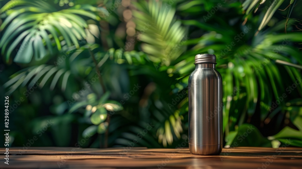A polished stainless steel water bottle, a symbol of eco-consciousness. The background bursts with lush greenery, creating a photogenic composition that celebrates sustainability A polished stainless steel water bottle, a symbol of eco-consciousness. The background bursts with lush greenery, creating a photogenic composition that celebrates sustainability