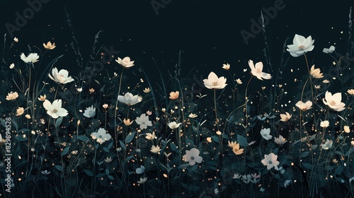 [flat 2d vector illustration of the meadow, pastoral style, made of flowers, darker around edges, blacker background, darker background, no bloom, no glow,  photo