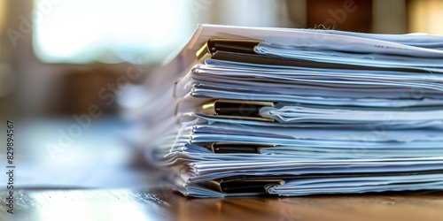 Stack of paper documents on desk in office. Paperwork, bureaucracy and business concept.