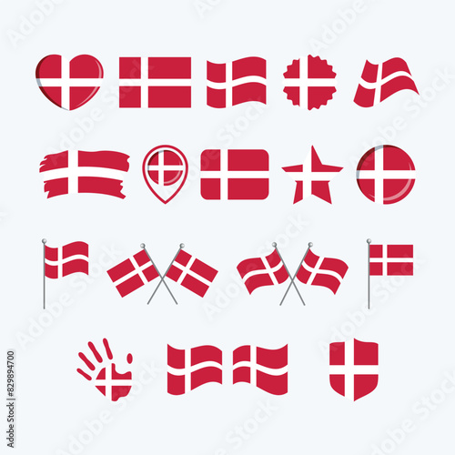 Flag of Denmark icon set vector isolated on a gray background. Danish flag graphic design element. Denmark flag icons in flat style. Danish symbols collection