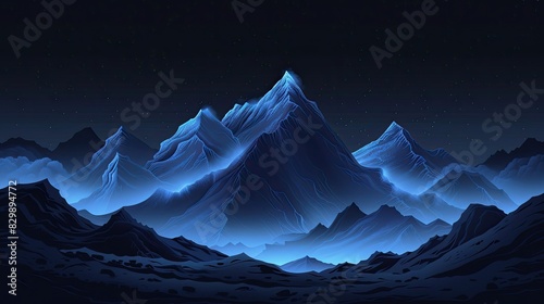 [flat 2d vector illustration of the mountain range, nature style, made of rocks, darker around edges, blacker background, darker background, no bloom, no glow,  photo