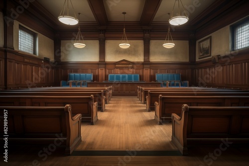  Interior of a courtroom with wooden benches and a large wooden panel.