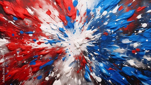  Colorful paint splashes in red, white, and blue on a black background.