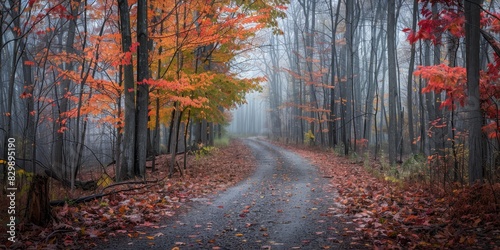 The image shows a road in the middle of a forest