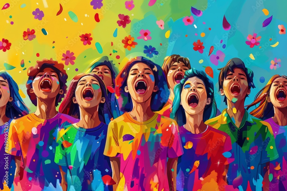 Group of diverse children celebrating with vibrant confetti and colorful shirts. Joyful expressions, unity, and fun. Emphasizing LGBTQ+ pride, diversity, and happiness. Bright and energetic atmosphere