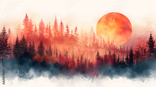 Stunning watercolor painting of a forest at sunset  highlighting vibrant colors and intricate detailing of trees under a large red sun.