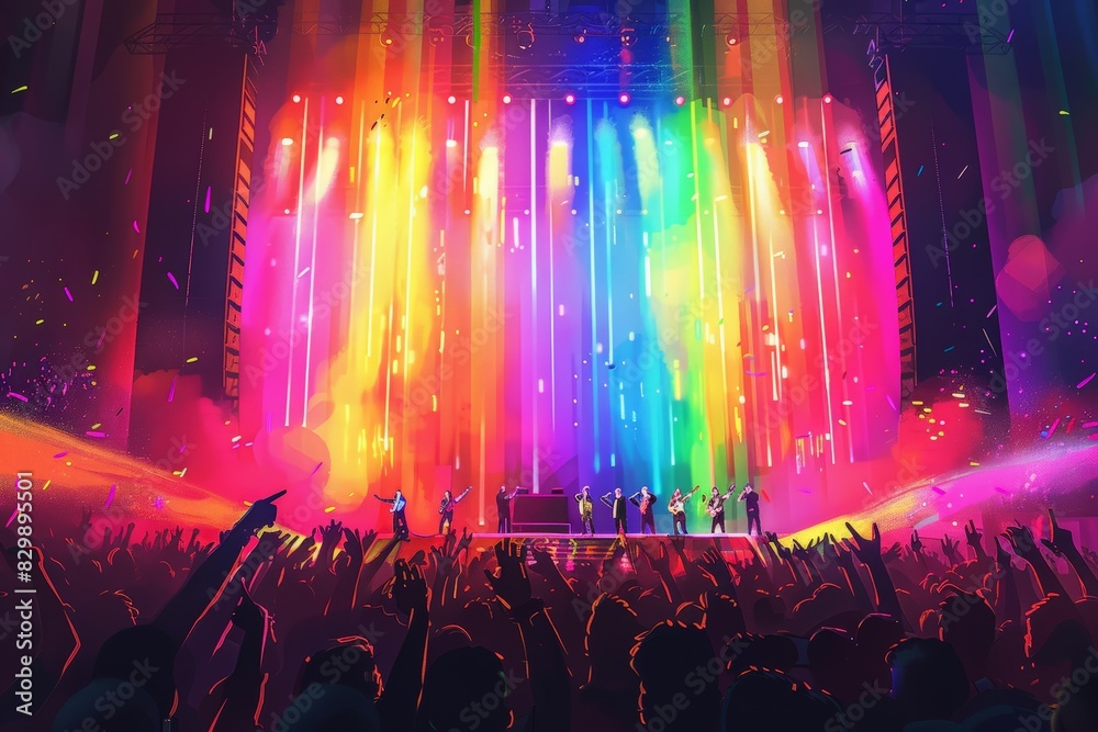 Vibrant concert scene with rainbow lights illuminating stage. Diverse group of performers on stage engaging audience. Colorful lights, enthusiastic crowd, and lively atmosphere celebrating inclusivity