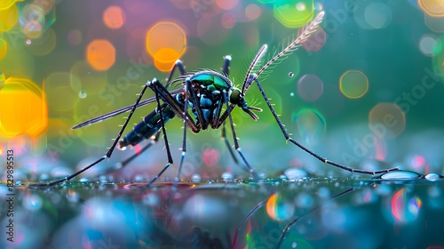 A closeup of a spacious green and black mosquito with its long, fine legs standing on the surface of water droplets, with its head raised towards the sky, surrounded by blurred colorful light spots.