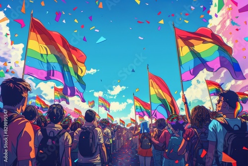 vibrant crowd at a Pride parade, with many people waving rainbow flags and confetti floating in air. The image captures the energy, unity, and festive spirit of the LGBTQ+ community during Pride Month