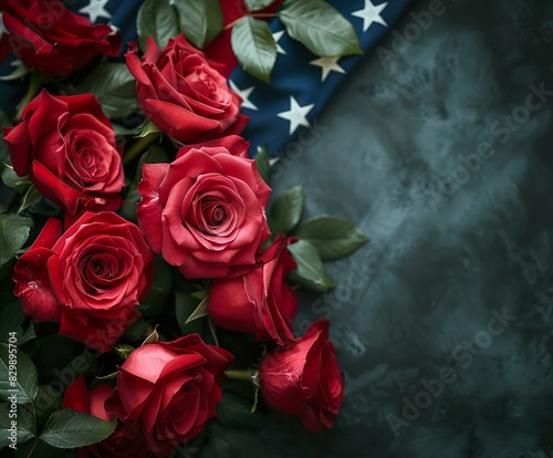 A bouquet of red roses is placed in front of a blue American flag. Poster for Memorial day