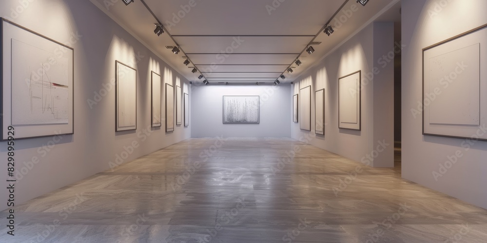 The photo shows an empty art gallery with white walls and a concrete floor. There are no paintings on the walls.