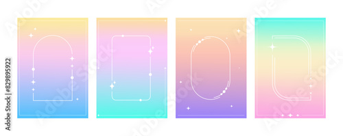Y2K aesthetic gradient backgrounds set. 2000s style cover templates with linear geometric elements and stars.