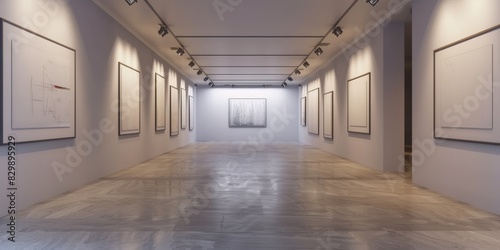 The photo shows an empty art gallery with white walls and a concrete floor. There are no paintings on the walls. © kiimoshi