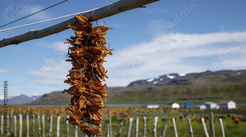 Fermented shark fillet Hakarl hanging to dry in Iceland. Generative Ai photo