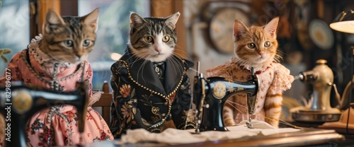 Three cats wearing human clothes are sitting at a table. photo