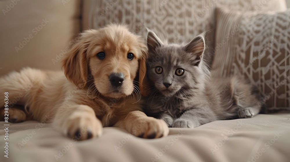 A cute puppy and kitten sitting on the sofa, in light beige style, pet photography, highdefinition images, petcore, adorable pet portraits, pet product advertising, highquality photos, cute little cat A cute puppy and kitten sitting on the sofa, in light beige style, pet photography, highdefinition images, petcore, adorable pet portraits, pet product advertising, highquality photos, cute little cat