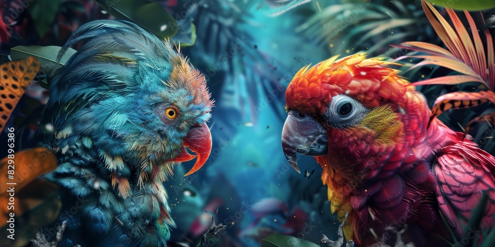 Fototapeta premium Two fantasy parrots with bright feathers in the jungle.
