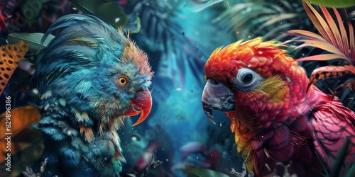 Two fantasy parrots with bright feathers in the jungle. © kiimoshi