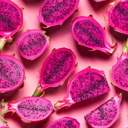 Sliced red dragon fruit on vibrant pink background - seamless pattern