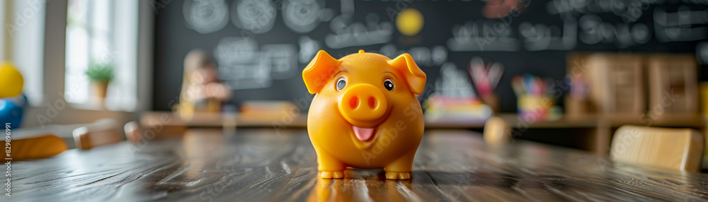 Obraz premium A cheerful yellow piggy bank on a wooden table in a classroom, with a chalkboard and educational supplies in the background.