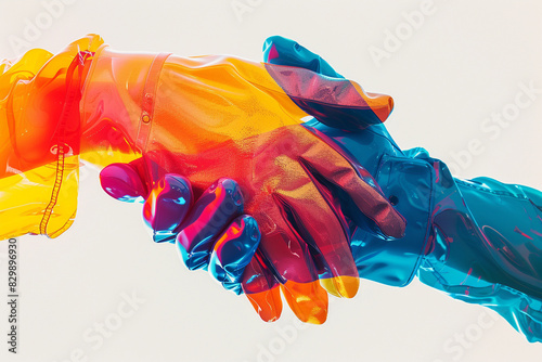 Creative handshake of colorful transparent hands on a light background representing unity, partnership, and teamwork in vibrant hues. photo
