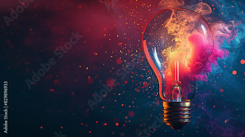 Creative light bulb concept with vibrant colors and abstract smoke, symbolizing innovation, ideas, and imagination.