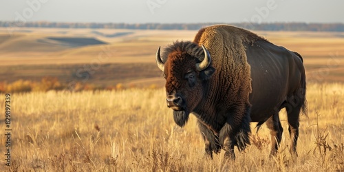 American bison walking on the prairie photo