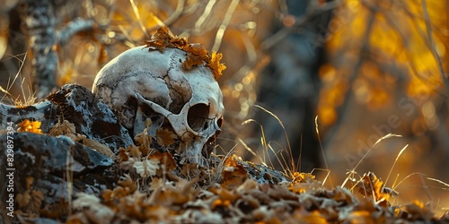 Animal skull on the ground in the middle of the autumn leaves photo