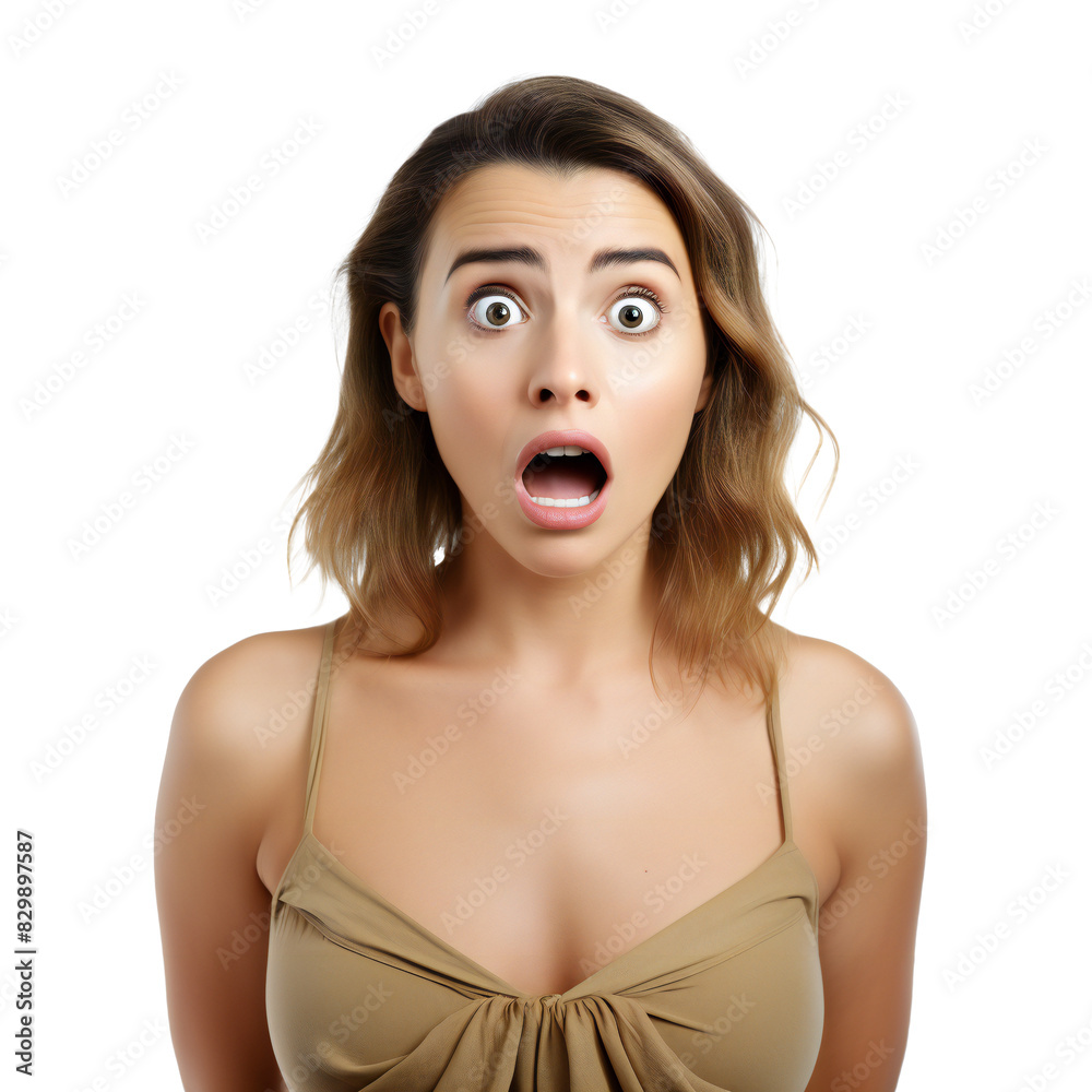 Woman with shocked expression in beige top isolated on transparent background Woman with shocked expression in beige top isolated on transparent background