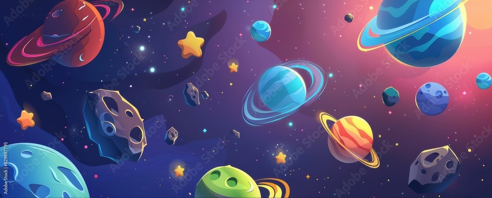 Colorful cartoon planets and stars on a dark blue background. Colorful cartoon planets and stars on a dark blue background.
