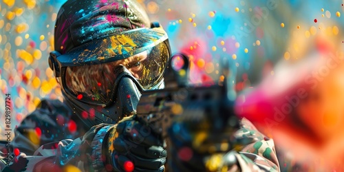 Close-up of a paintball player taking aim at an opponent during a game.
