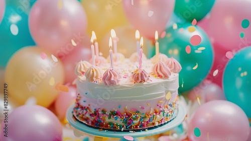 birthday party balloons  colourful balloons background and birthday cake with candles.