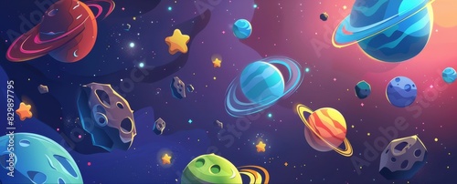 Colorful cartoon planets and stars on a dark blue background.