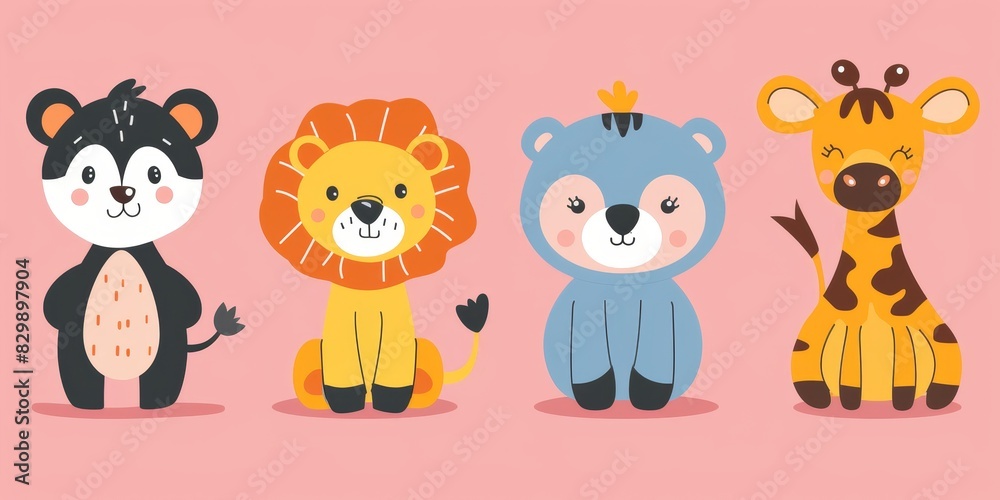 Cute cartoon animals. Lion, skunk, bear and giraffe. Vector illustration. Cute cartoon animals. Lion, skunk, bear and giraffe. Vector illustration.
