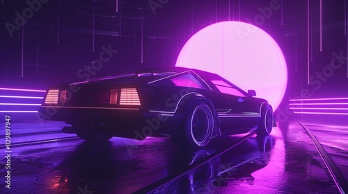 driving in the night, futuristic synth-wave car in purple neon colours.