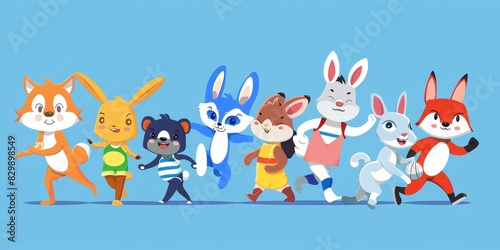 Group of happy cartoon animals running.