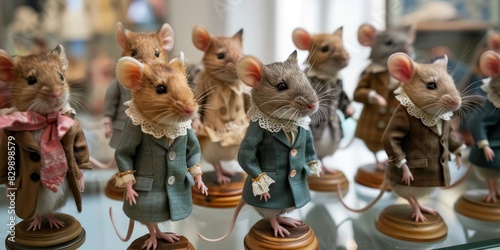 Group of cute mice figurines dressed in human clothes
