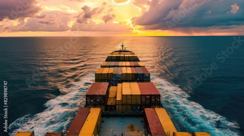 A massive container ship glides gracefully over the vast expanse of liquid beneath the captivating landscape of water, sky, and horizon. AIG41 photo