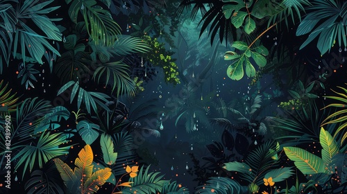  flat 2d vector illustration of the rainforest  tropical style  made of plants  darker around edges  blacker background  darker background  no bloom  no glow  